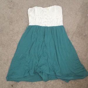 White lace and blue dress